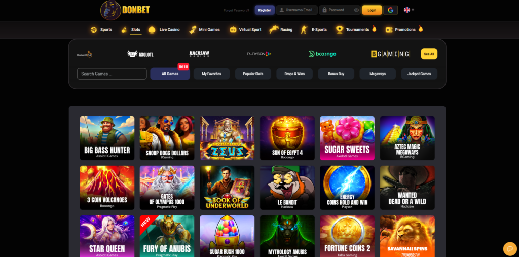 DonBet casino and sportsbook interface showing multi-vertical navigation