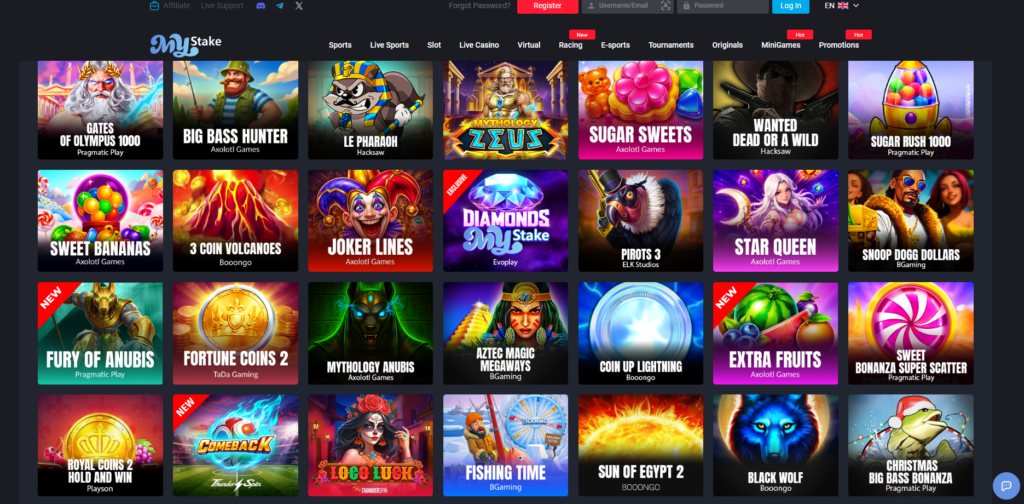 MyStake casino platform displaying sportsbook, casino and crash game sections