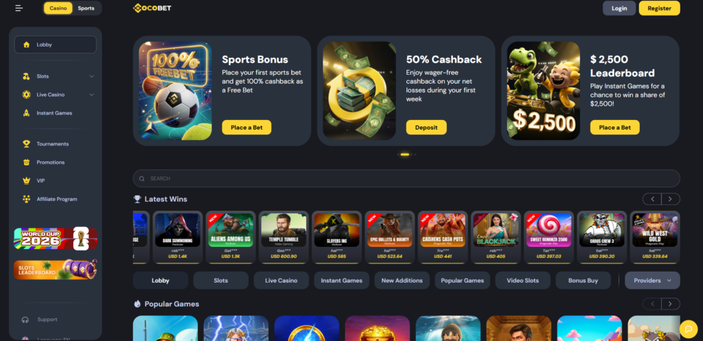 CocoBet casino platform showing game lobby and crypto payment options