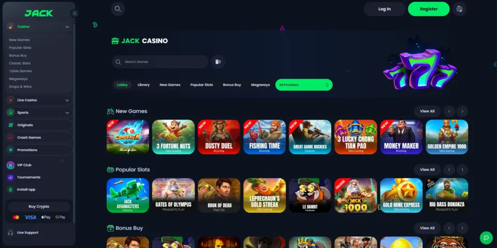 JACK casino homepage showing navigation, game categories and crypto deposit options